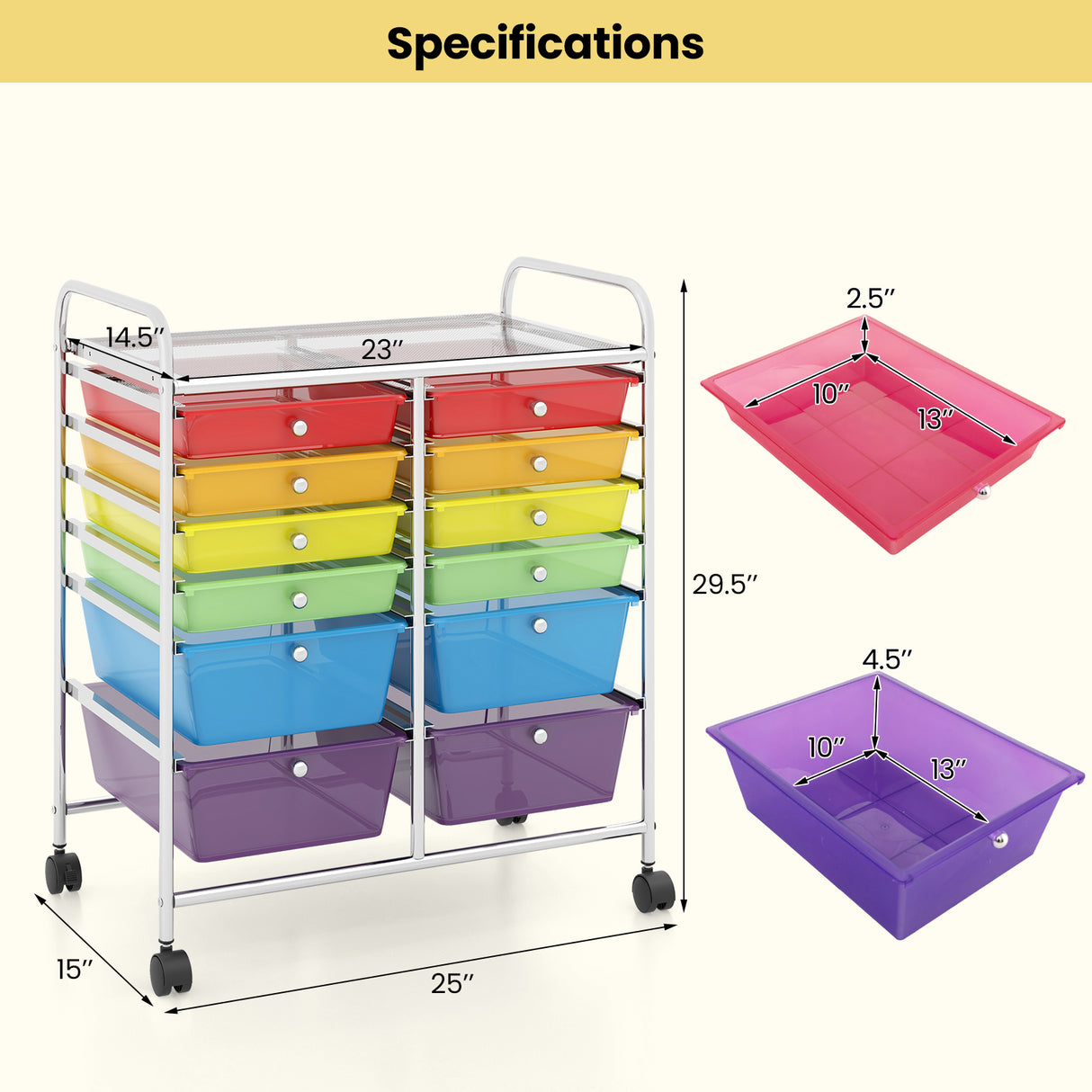 12 Drawers Rolling Cart Storage Scrapbook Paper Organizer Bins-Transparent Multicolor