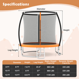 12FT Outdoor Trampoline Heavy-Duty Recreational Trampoline with Safety Enclosure Net-Orange