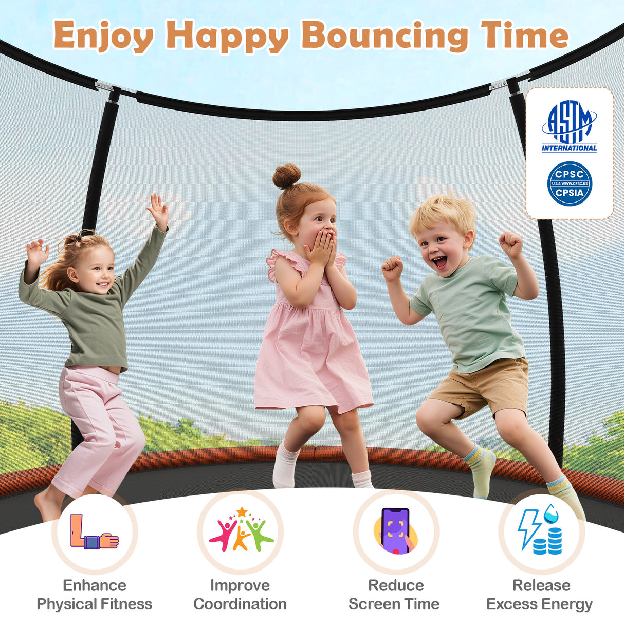 12FT Outdoor Trampoline Heavy-Duty Recreational Trampoline with Safety Enclosure Net-Orange