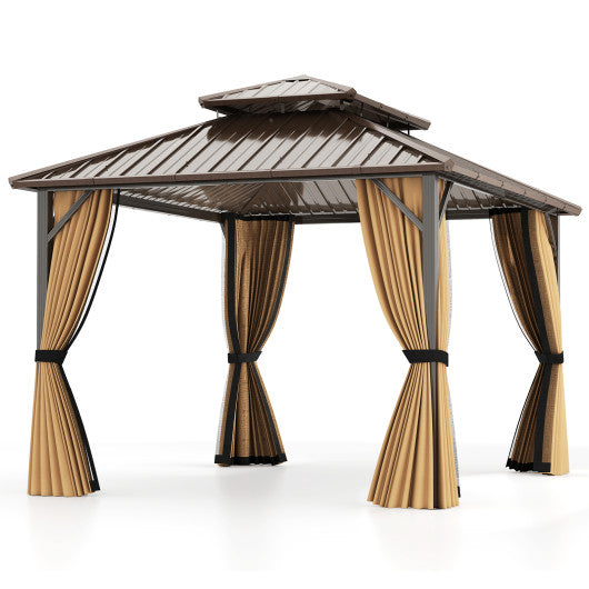 10 x 12 Feet Hardtop Gazebo with Netting and Curtain and Double-Roof Galvanized Metal Top