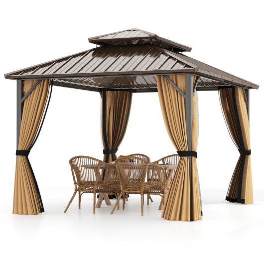 10 x 12 Feet Hardtop Gazebo with Netting and Curtain and Double-Roof Galvanized Metal Top