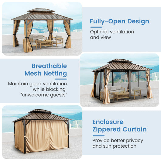 10 x 12 Feet Hardtop Gazebo with Netting and Curtain and Double-Roof Galvanized Metal Top
