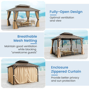 10 x 12 Feet Hardtop Gazebo with Netting and Curtain and Double-Roof Galvanized Metal Top