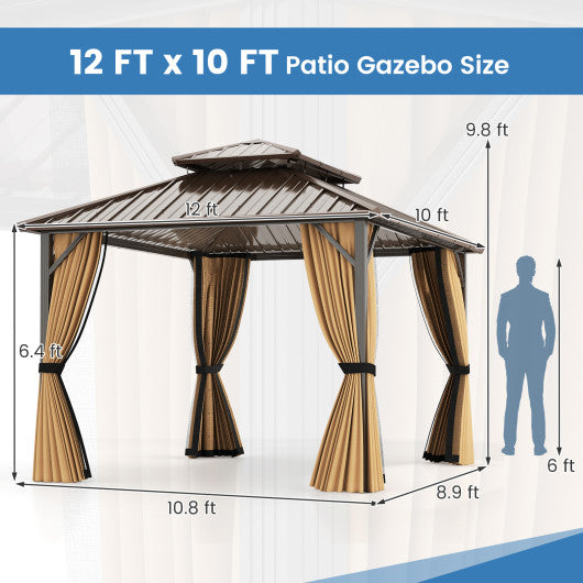 10 x 12 Feet Hardtop Gazebo with Netting and Curtain and Double-Roof Galvanized Metal Top