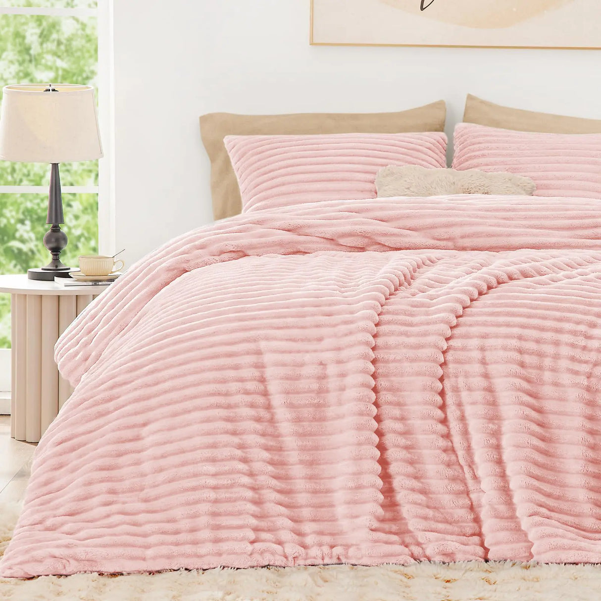 EXQ Home Fluffy Comforter Set King Size - Super Soft Faux Fur Stripe Jacquard Comforter 3 Pieces Pink Fleece Bedding SetWinter Warm Bed Set1 Comforter with 2 Pillowcases