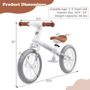12 Inch Balance Bike with Adjustable Seat and Rotatable Handlebar-White