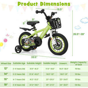 12 Inch Kids Bike Adjustable with Detachable Training Wheels for 3-4 Years Old-12 inches
