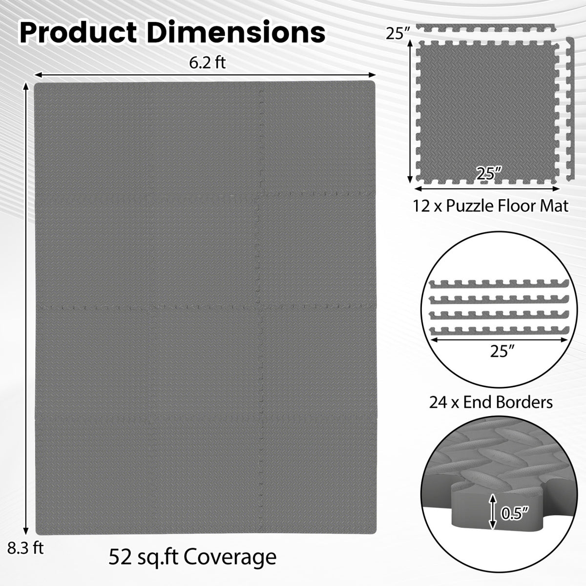 12Tiles 1/2" Puzzle Exercise Floor Mats-Gray