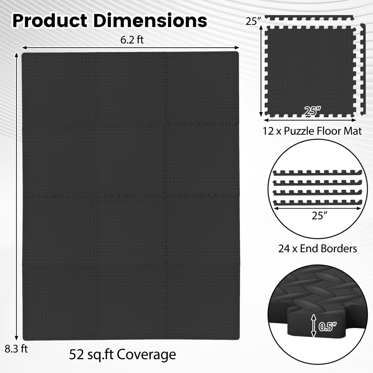 12Tiles 1/2" Puzzle Exercise Floor Mats-Black