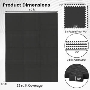 12Tiles 1/2" Puzzle Exercise Floor Mats-Black