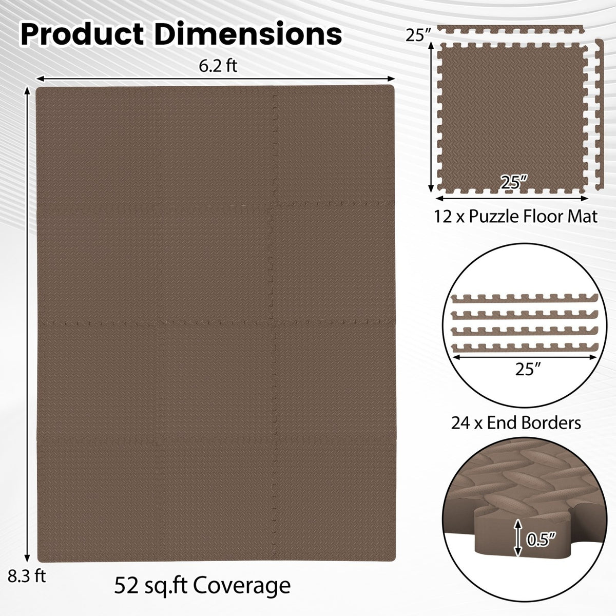 12Tiles 1/2" Puzzle Exercise Floor Mats-Brown