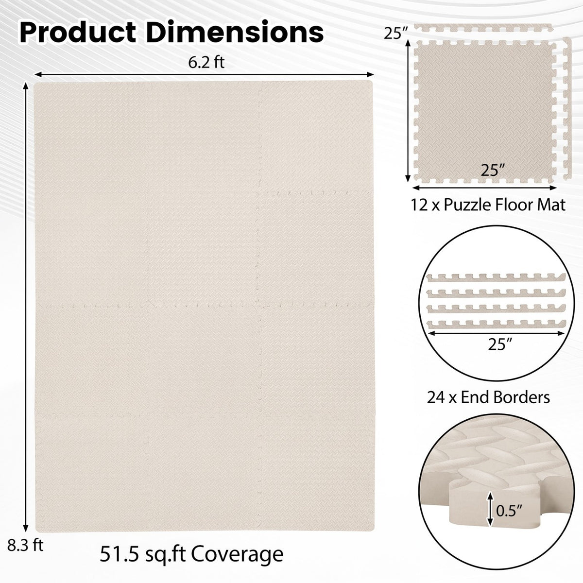 12Tiles 1/2" Puzzle Exercise Floor Mats-Beige