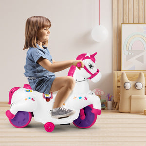 12V Unicorn Ride on Toy with Training Wheels and Horse Riding Mode-Rose Red