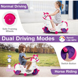 12V Unicorn Ride on Toy with Training Wheels and Horse Riding Mode-Rose Red