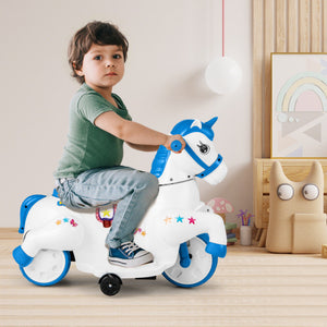 12V Unicorn Ride on Toy with Training Wheels and Horse Riding Mode-Navy