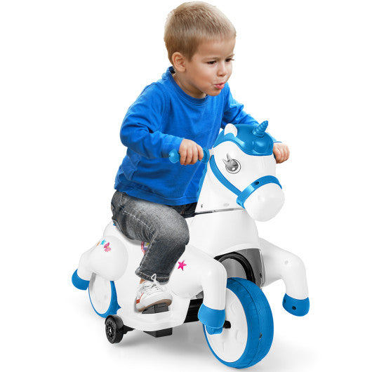12V Unicorn Ride on Toy with Training Wheels and Horse Riding Mode-Navy