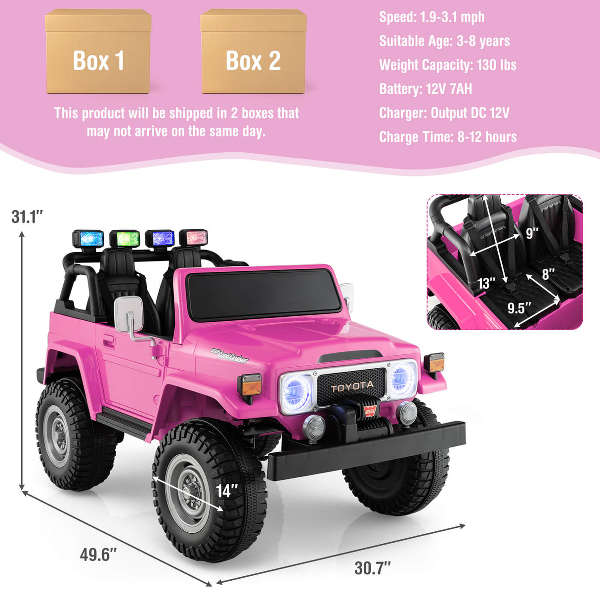 12V 2-Seat Licensed Kids Ride On Toyota FJ40 Car with 2.4G Remote Control-Black