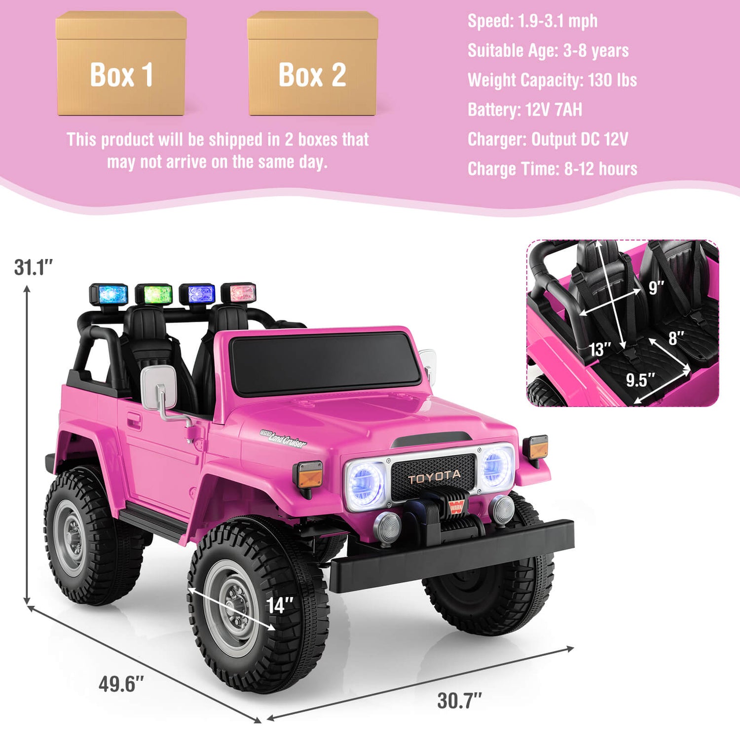 12V 2-Seat Licensed Kids Ride On Toyota FJ40 Car with 2.4G Remote Control-Black