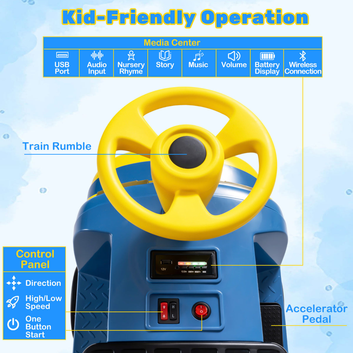 12V 2-Seater Kids Ride on Train with Height Adjustable Seat and Music Licensed Chuggington-Blue