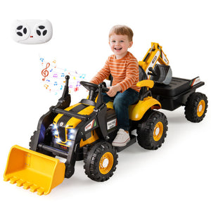 12V 4-in-1 Ride on Tractor Excavator Bulldozer for Kids with Remote Control-Yellow