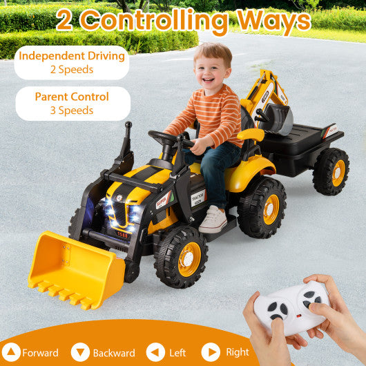 12V 4-in-1 Ride on Tractor Excavator Bulldozer for Kids with Remote Control-Yellow