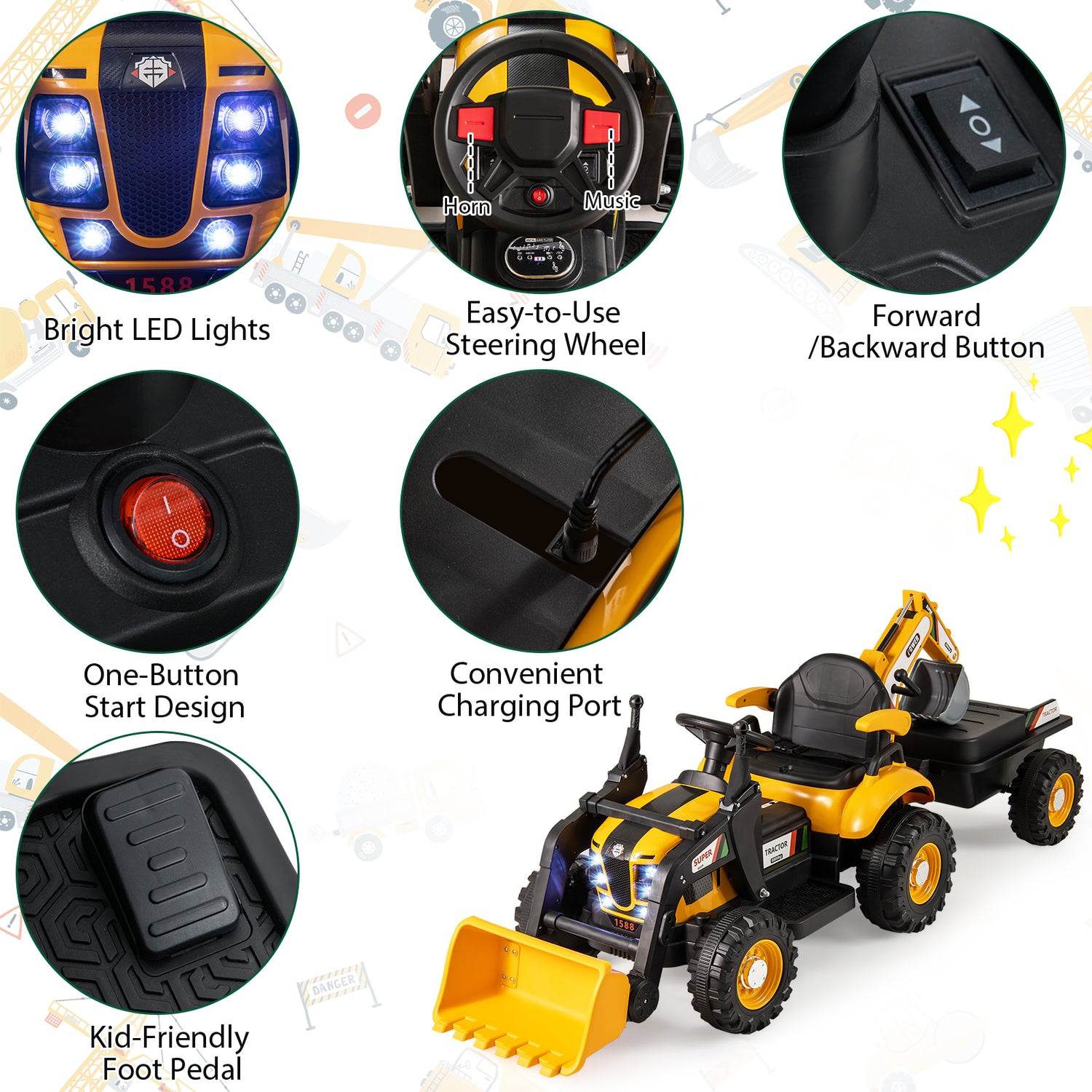 4-in-1 Kids Ride on Tractor 12V Excavator Bulldozer with Remote Control-Yellow