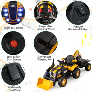 4-in-1 Kids Ride on Tractor 12V Excavator Bulldozer with Remote Control-Yellow
