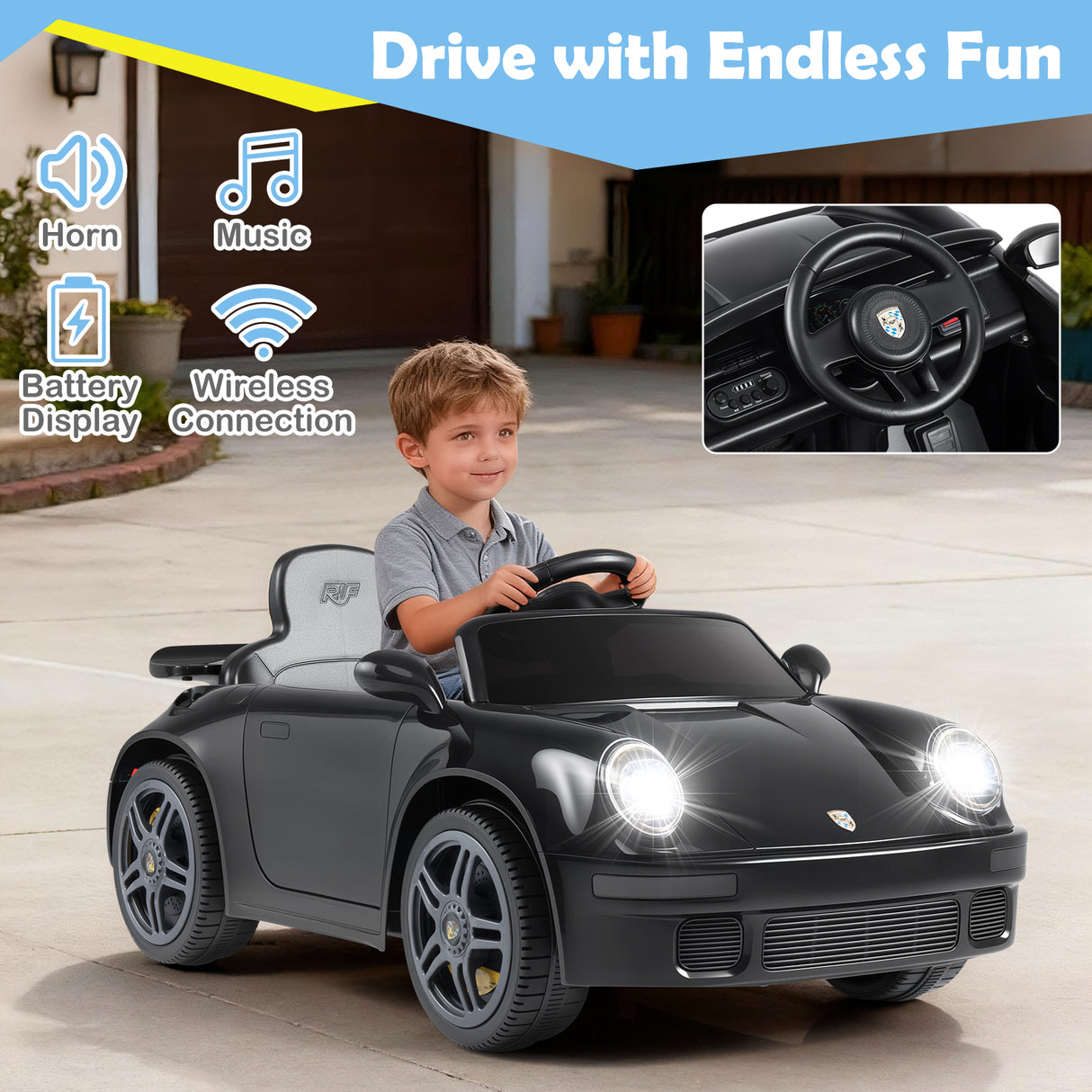 12V Electric Ride On Car Licensed RUF CTR with Remote Control and Music-Black