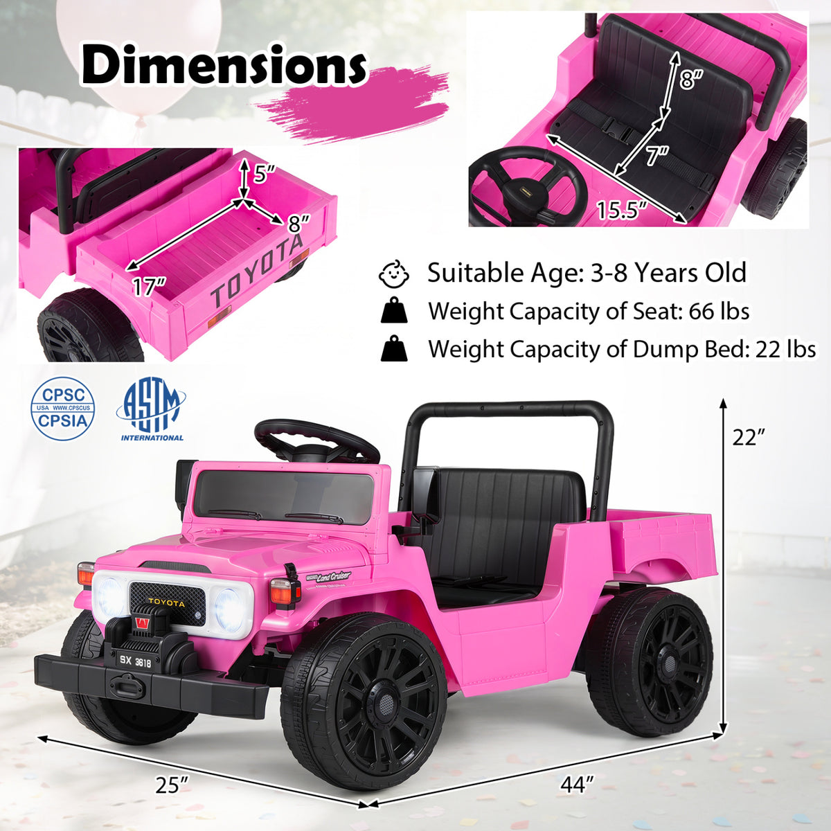 12V Electric Ride On Truck with Dump Bed and Music Licensed Toyota-Pink