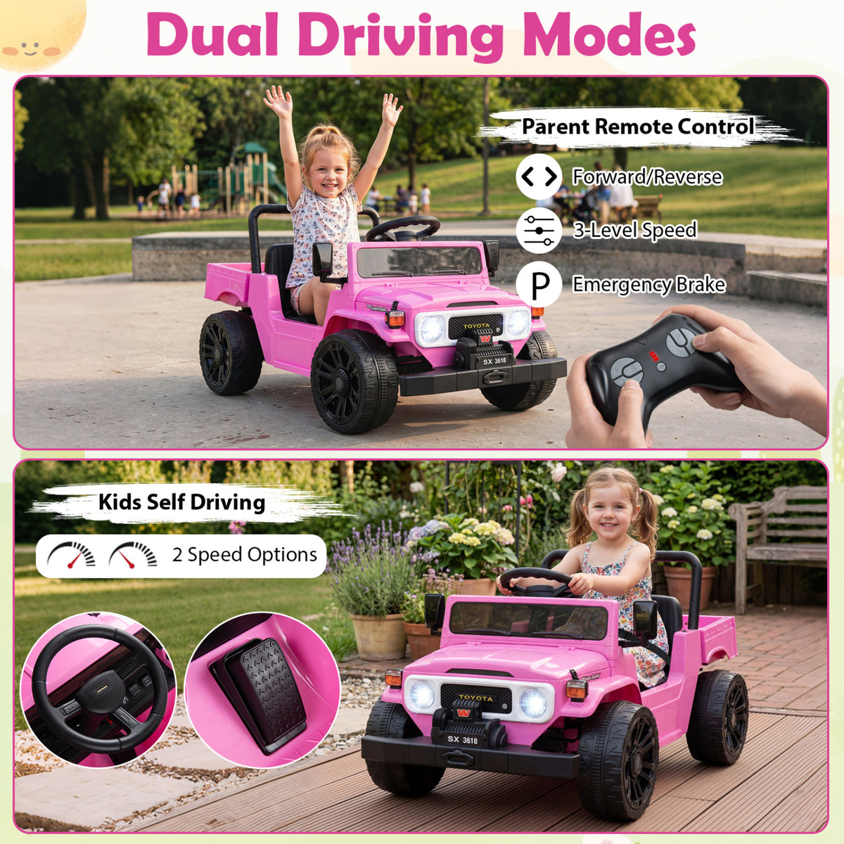 12V Electric Ride On Truck with Dump Bed and Music Licensed Toyota-Pink