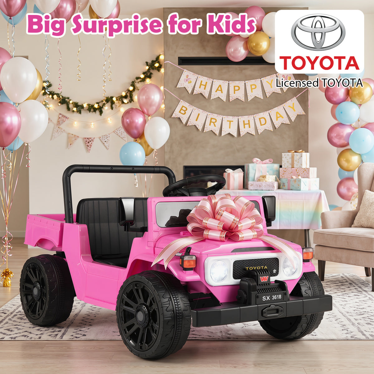 12V Electric Ride On Truck with Dump Bed and Music Licensed Toyota-Pink