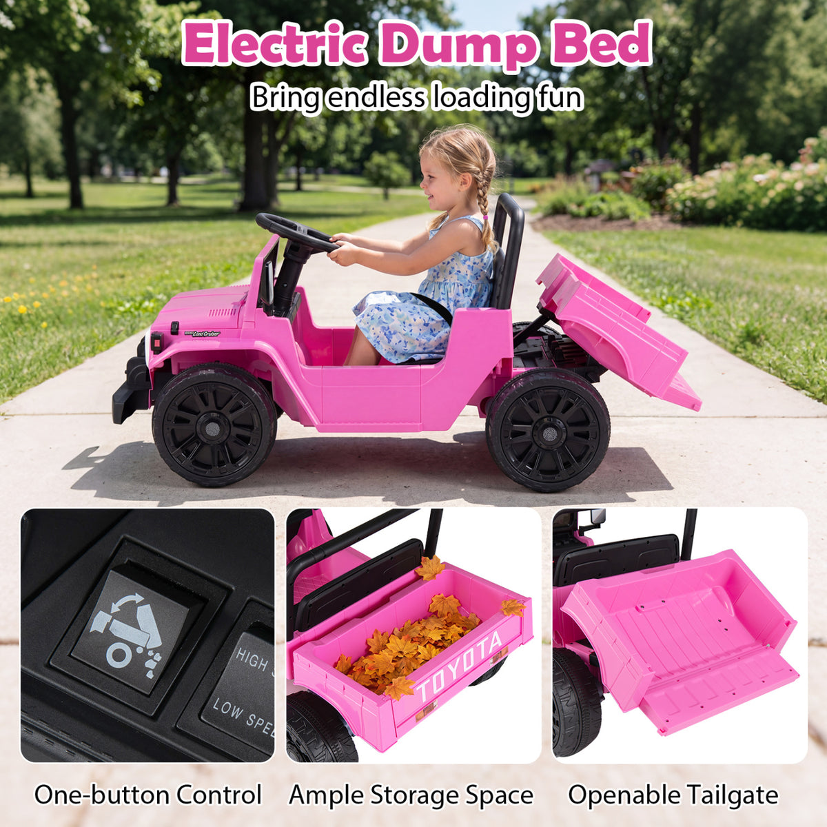12V Electric Ride On Truck with Dump Bed and Music Licensed Toyota-Pink