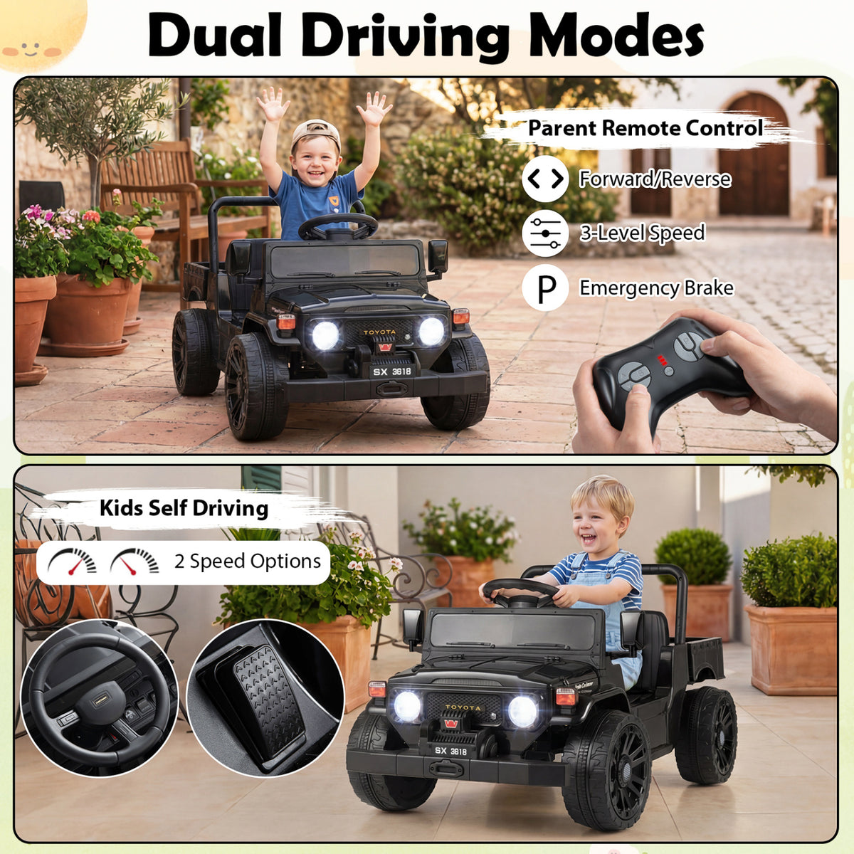 12V Electric Ride On Truck with Dump Bed and Music Licensed Toyota-Black