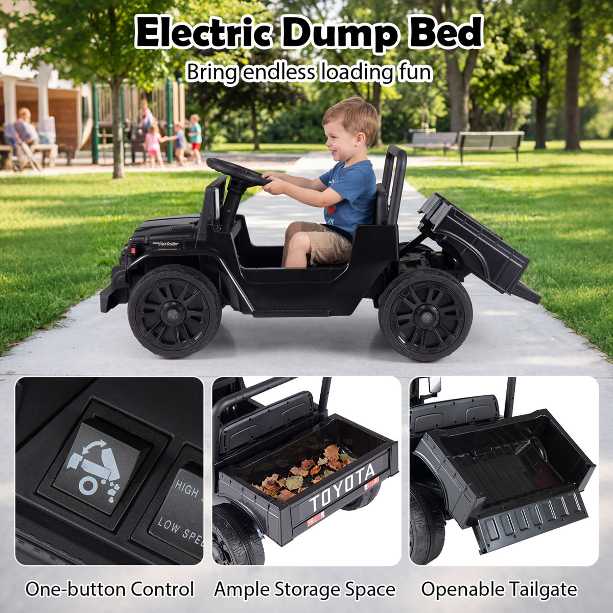 12V Electric Ride On Truck with Dump Bed and Music Licensed Toyota-Black