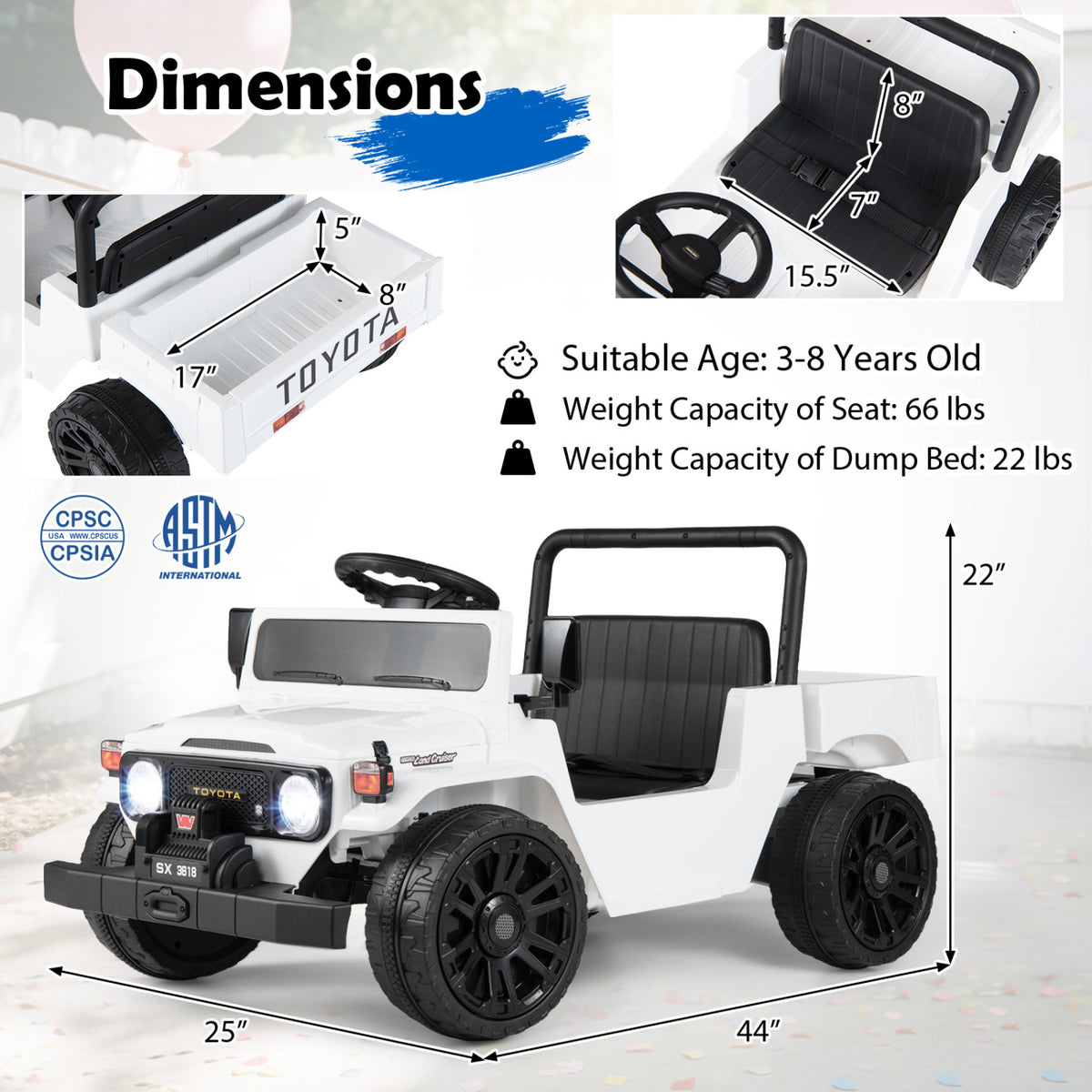 12V Electric Ride On Truck with Dump Bed and Music Licensed Toyota-White