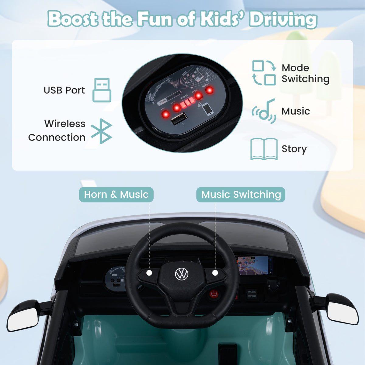 12V Kids Electric Car Bus with Music and LED Headlights Licensed Volkswagen-Blue