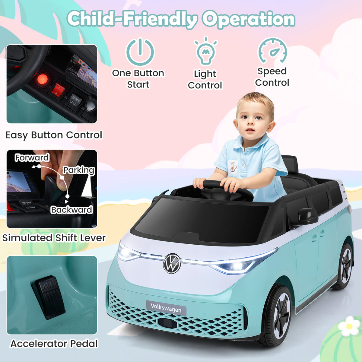 12V Kids Electric Car Bus with Music and LED Headlights Licensed Volkswagen-Blue