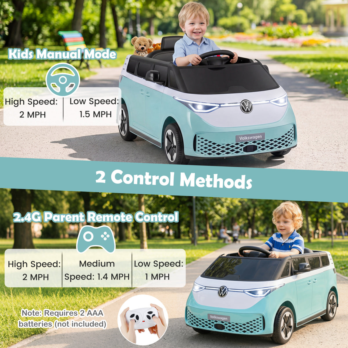 12V Kids Electric Car Bus with Music and LED Headlights Licensed Volkswagen-Blue