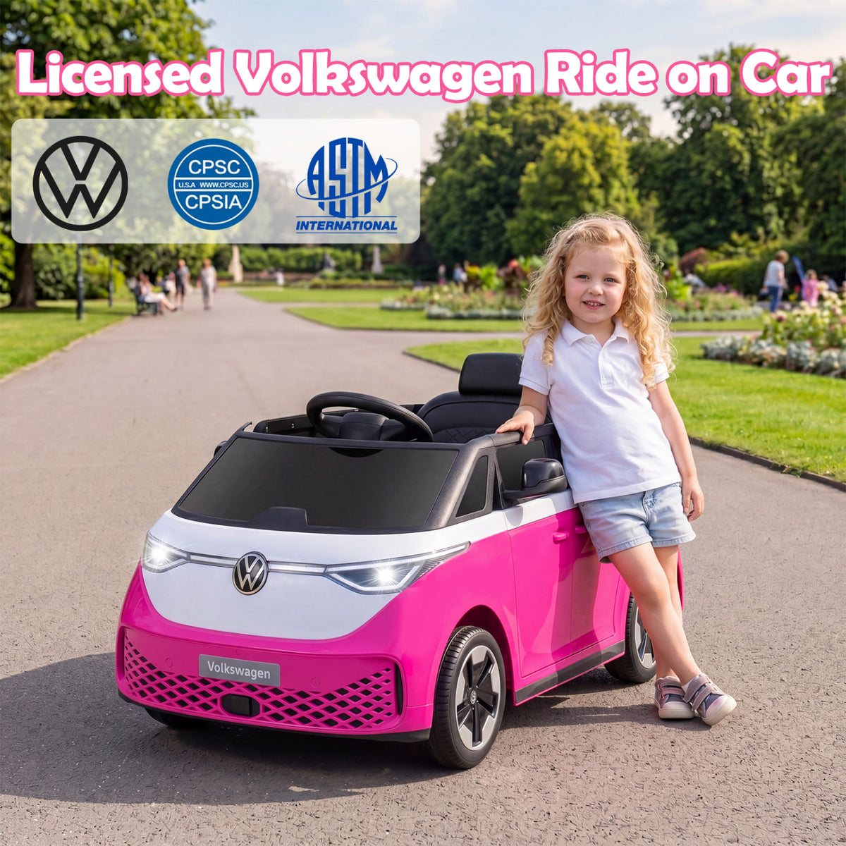 12V Kids Electric Car Bus with Music and LED Headlights Licensed Volkswagen-Pink