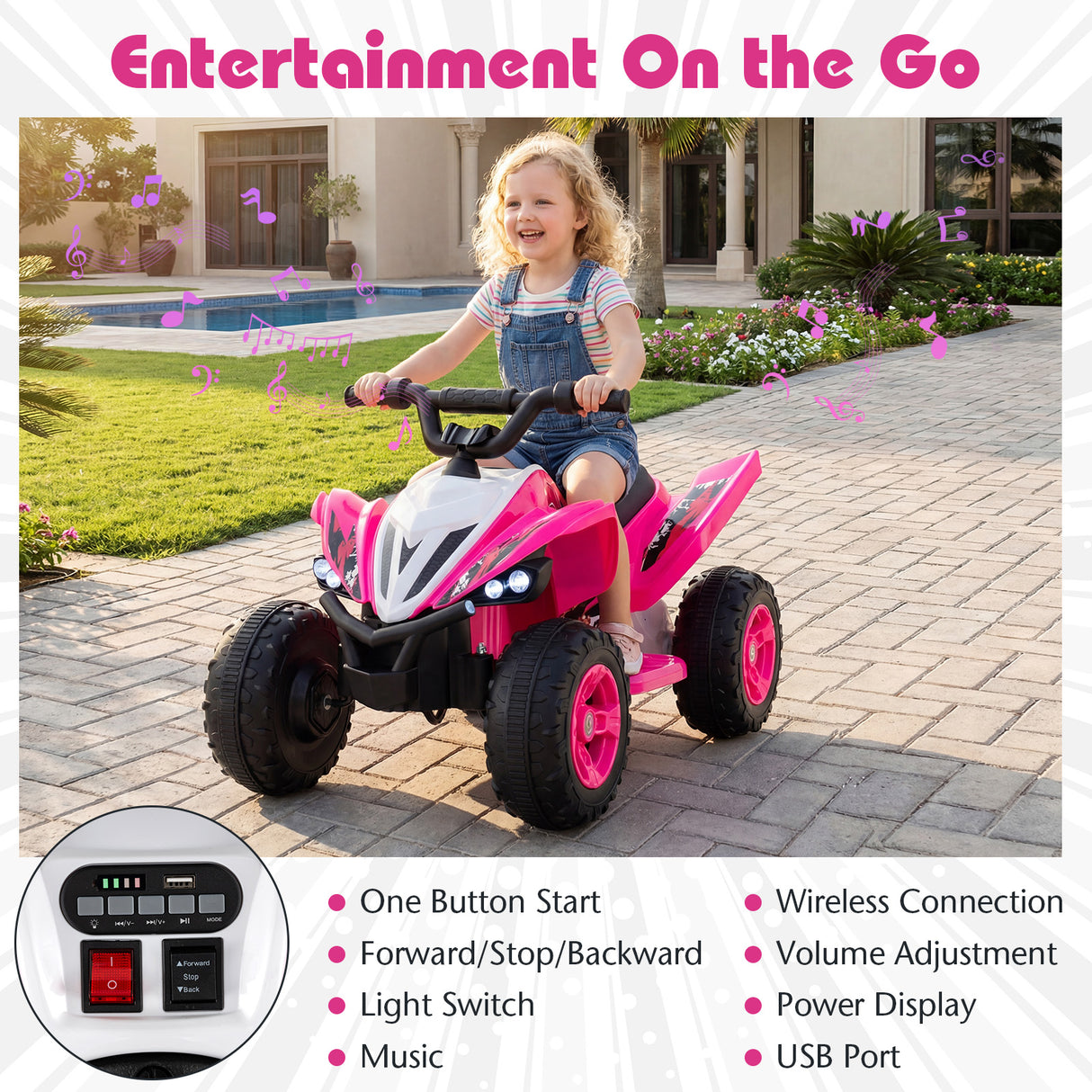 12V Kids Ride On ATV 4-Wheeler Quad with LED Lights and 7 mph Max Speed-Pink