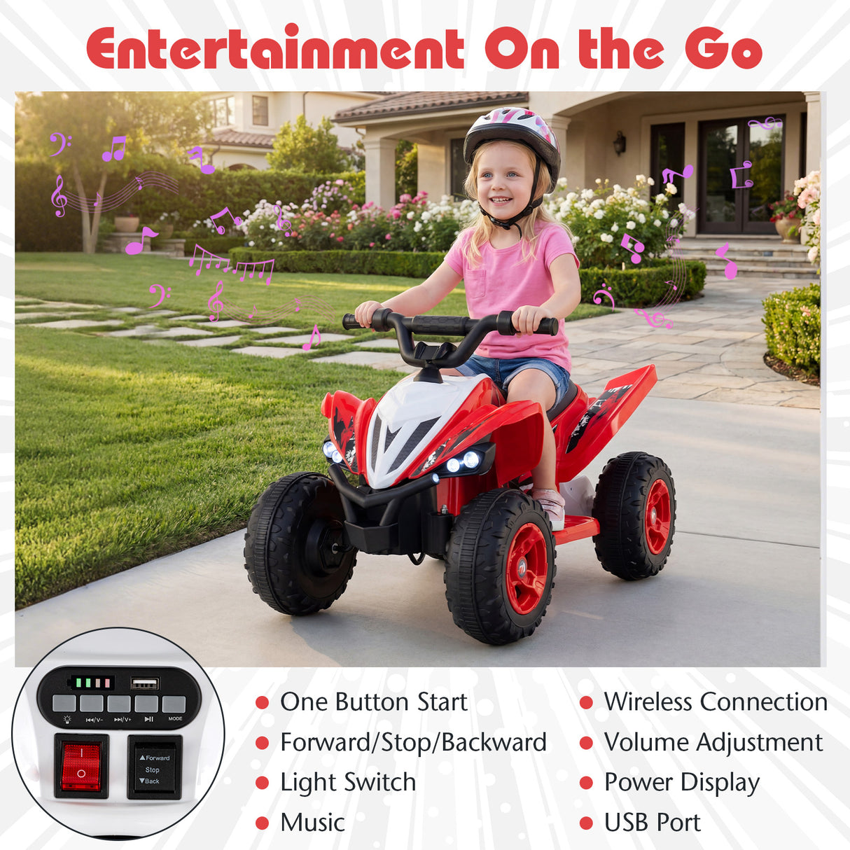 12V Kids Ride On ATV 4-Wheeler Quad with LED Lights and 7 mph Max Speed-Red