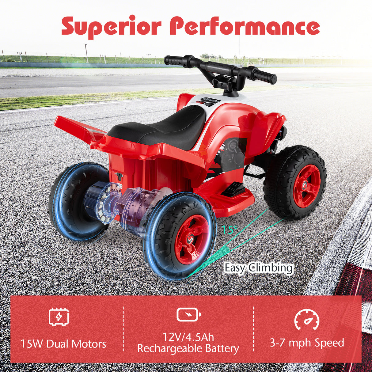 12V Kids Ride On ATV 4-Wheeler Quad with LED Lights and 7 mph Max Speed-Red