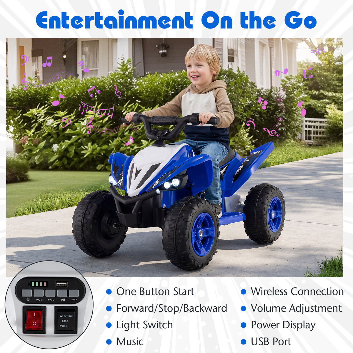 12V Kids Ride On ATV 4-Wheeler Quad with LED Lights and 7 mph Max Speed-Navy