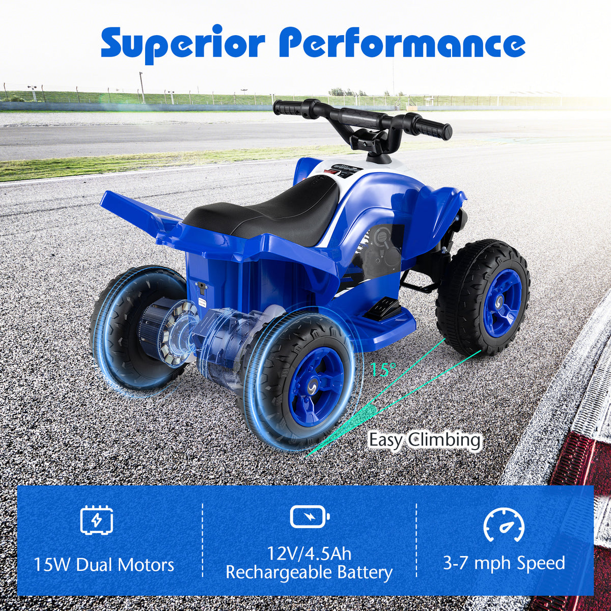 12V Kids Ride On ATV 4-Wheeler Quad with LED Lights and 7 mph Max Speed-Navy