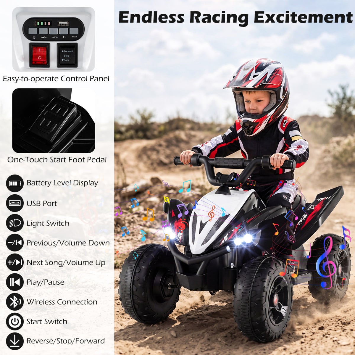 12V Kids Ride On ATV 4-Wheeler Quad with LED Lights and 7 mph Max Speed-Black