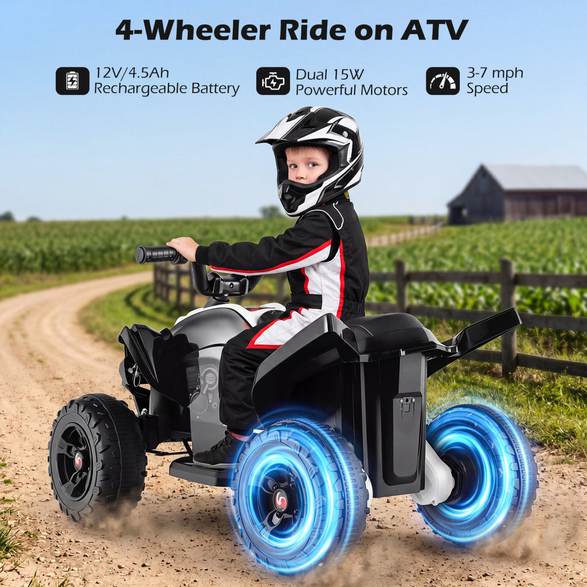 12V Kids Ride On ATV 4-Wheeler Quad with LED Lights and 7 mph Max Speed-Black