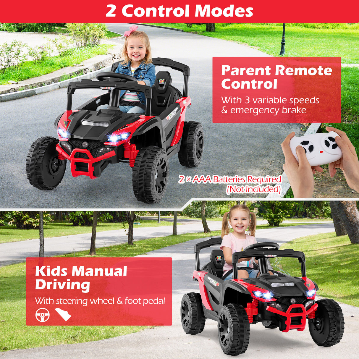 12V Kids Ride On Car UTV Electric Vehicle with LED Lights  Music and Horn-Red