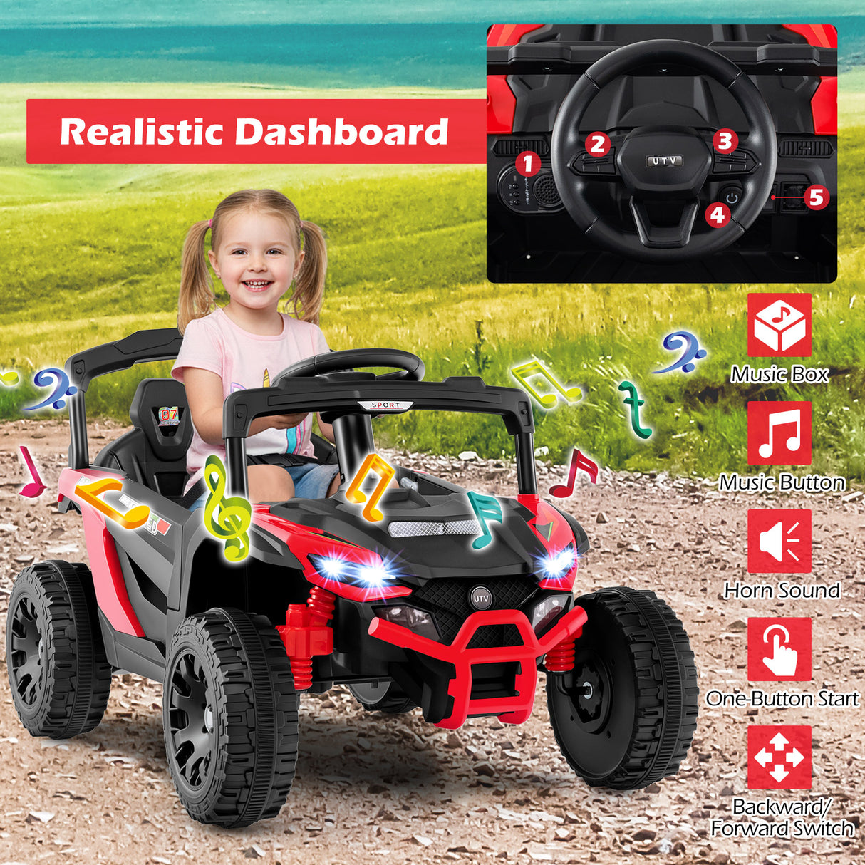 12V Kids Ride On Car UTV Electric Vehicle with LED Lights  Music and Horn-Red