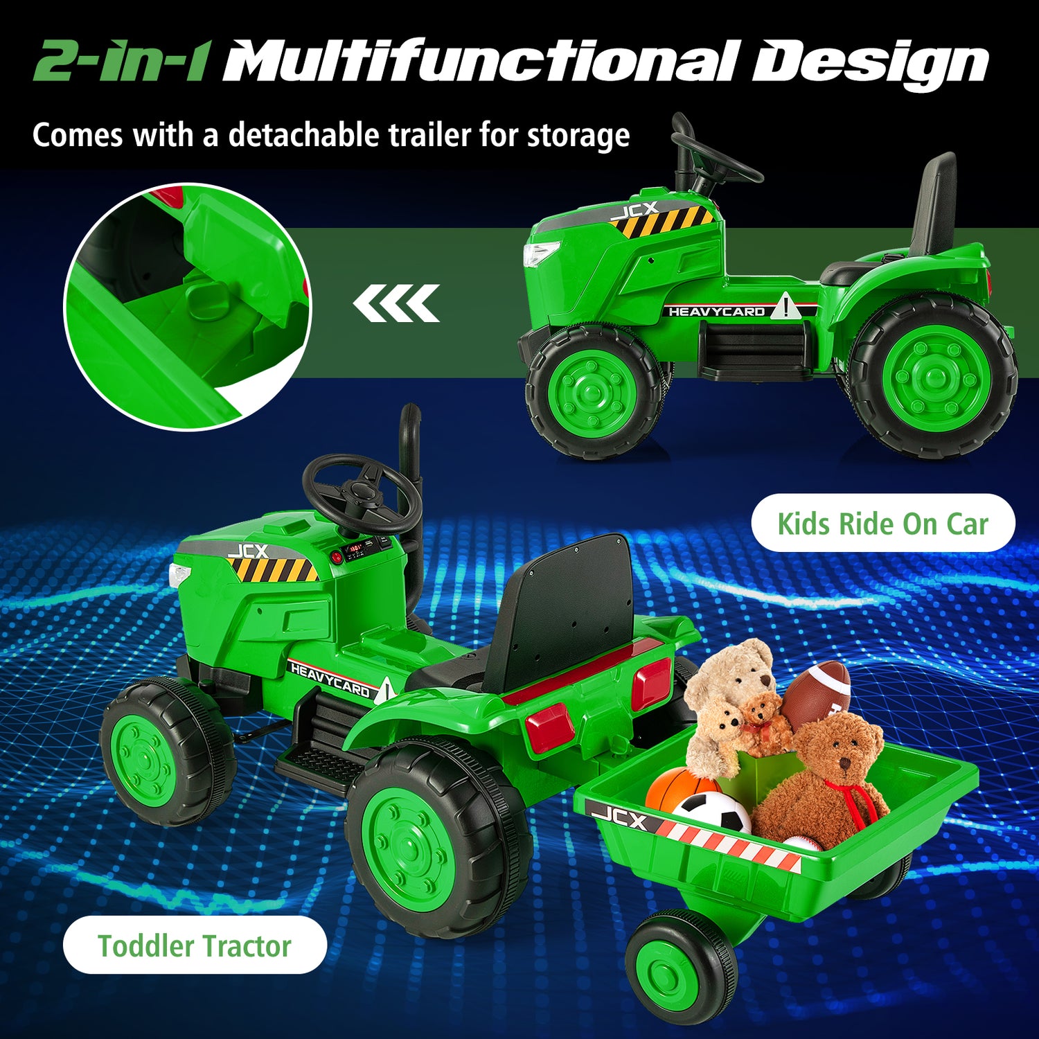 12V Kids Ride On Tractor with Trailer and Remote Control-Green