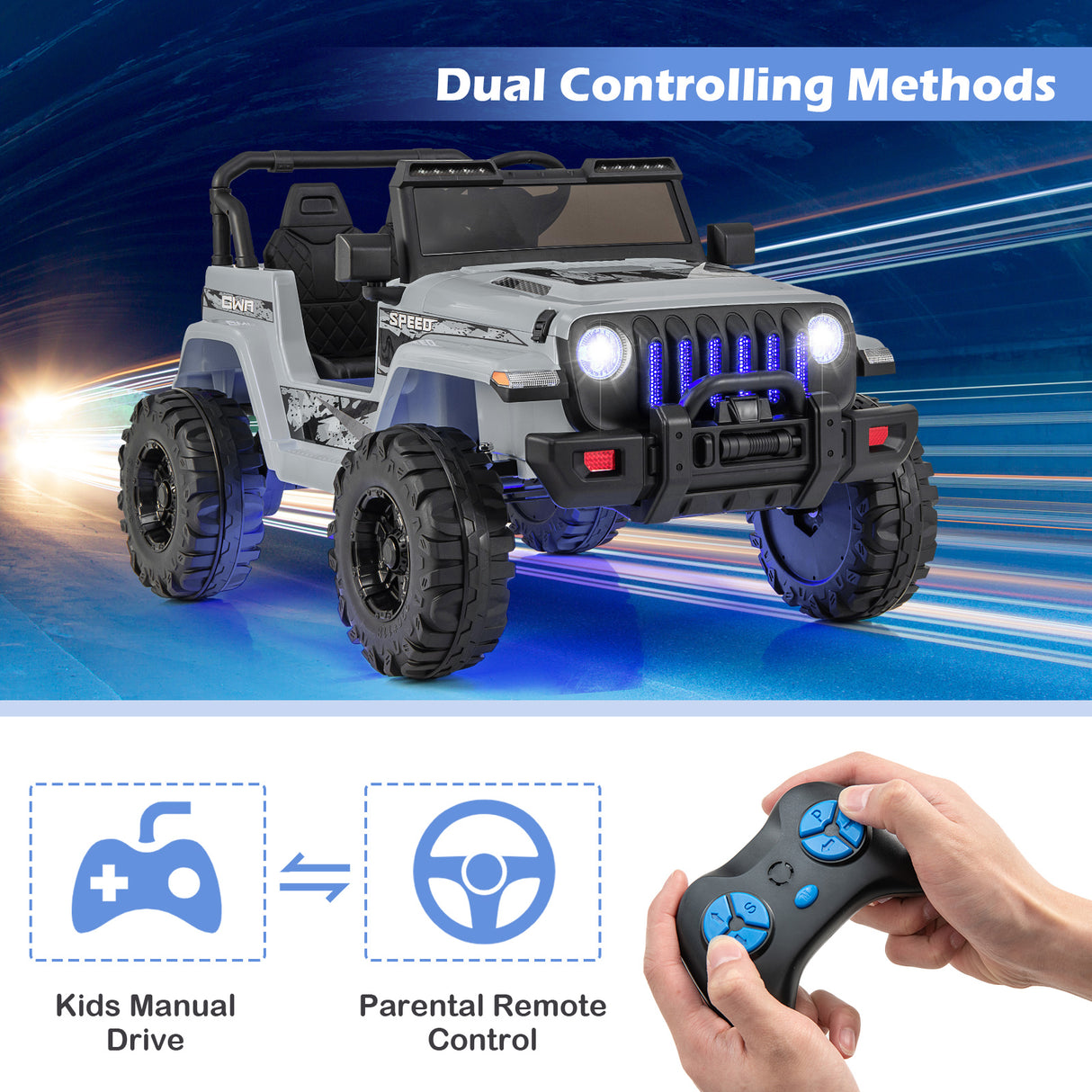 12V Kids Ride-on Jeep Car with 2.4 G Remote Control-Gray